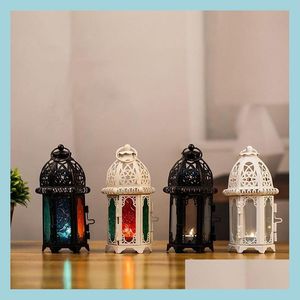 Kaarsenhouders Europeaan Marokkaanse glas kandelaar metalen windlamp Creatieve aromatherapie kaarsbeker ijzeren decoratie ornamenten houder dhyaz