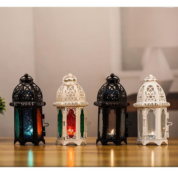 Candelabros de cristal marroquí europeo, lámpara de viento de Metal, decoración creativa para el hogar, adorno, taza, soporte de hierro