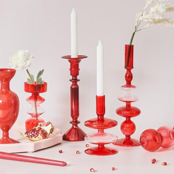 Bougeoirs Floriddle Creative Porte-cône en verre rouge Cadeau de Noël Décoration de table de mariage Accueil Vase de fleurs sèches