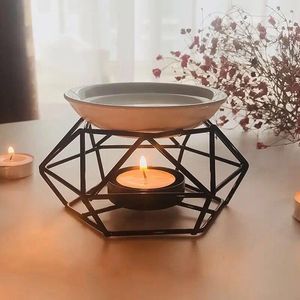 Kaarsenhouders gratis schip metaal aromatische oliebrander geometrische keramische keramische essentiële groenlicht houder wasmelt warmer aroma diffuser lamp