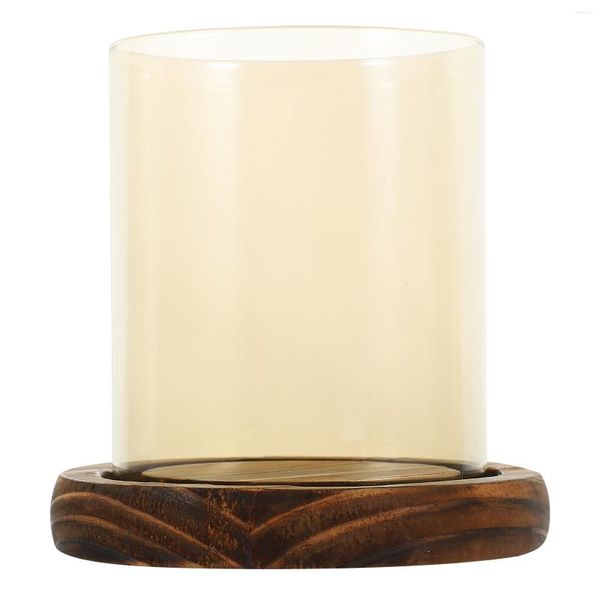 Bougeoirs en verre, pilier, cylindre, chandelier transparent, grande Base en bois, abat-jour Vintage