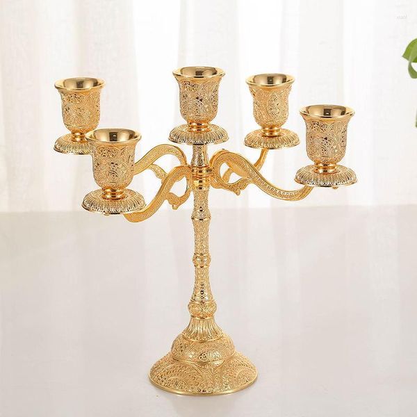 Candelabros de aleación de oro Candelabro de lujo de 5 brazos para la cena a la luz de las velas de la boda El decoración del hogar