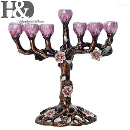 Bougeoirs HD peint à la main arbre de fleurs Antique Menorah bougeoir 7 branches Hanukkah pour le festival de fête