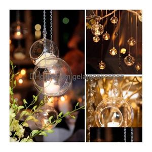 Candelabros colgantes de vidrio Tealight Holder Globe Planta Terrarios Orbes Plantas de aire Luz de té Decoración para el hogar Interior Jardín al aire libre DIY D DHP1E