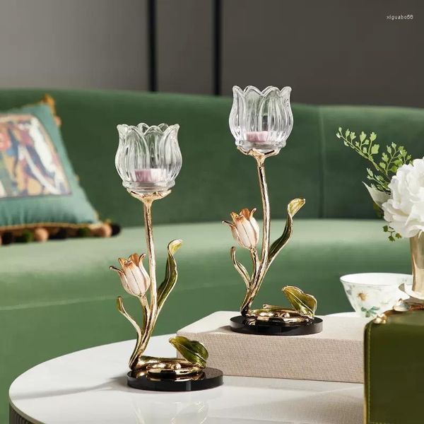 Candelabros de lujo de gama alta, soporte perfumado de esmalte de cristal de tulipán, ambiente romántico francés, decoración de candelabro de mesa para el hogar