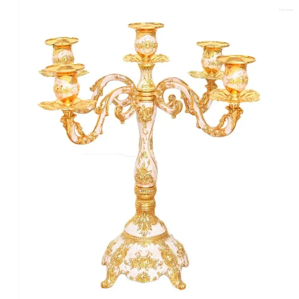 Candelabros de 5 brazos, candelabro chapado en oro brillante, Metal de lujo romántico para eventos de boda, mesa de comedor, decoración del hogar