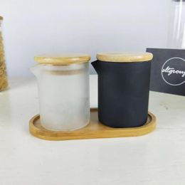 Bougeoirs Usage Domestique Verre Sablage Réservoir De Stockage Blanc Et Noir Faire Des Bocaux Avec Plateau En Bambou Conteneur Bec