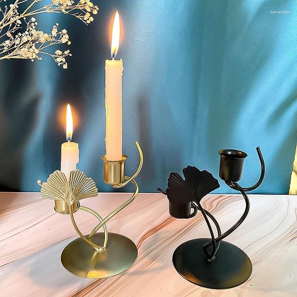 Candelabros de arte del hierro, soporte de hoja de Color dorado para decoraciones de mesa de boda, decoración del hogar con luz de velas Ginkgo