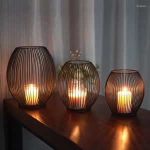 Bougeoirs support en fer creux chandelier lanterne formes géométriques métal noir cage à oiseaux forme support Table décor à la maison