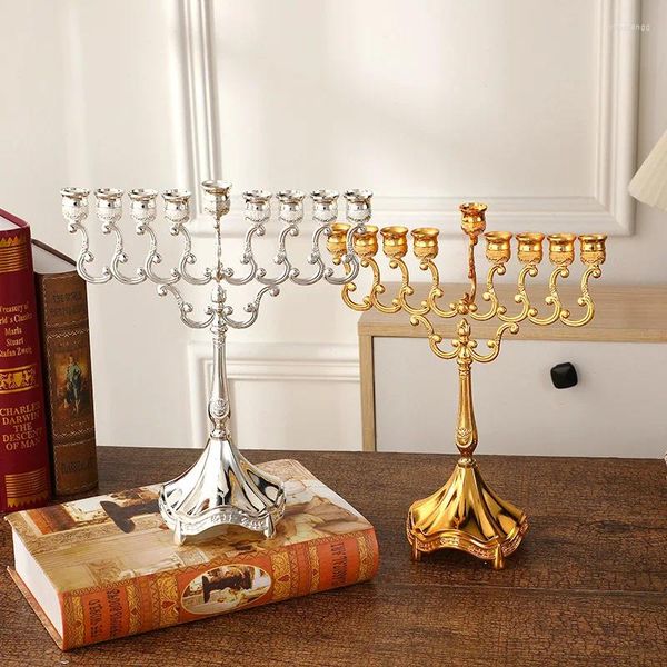 Candelabros Judíos de nueve cabezas Menorah Soporte de aleación de zinc Adornos de año Decoración del hogar israelí Artesanías románticas