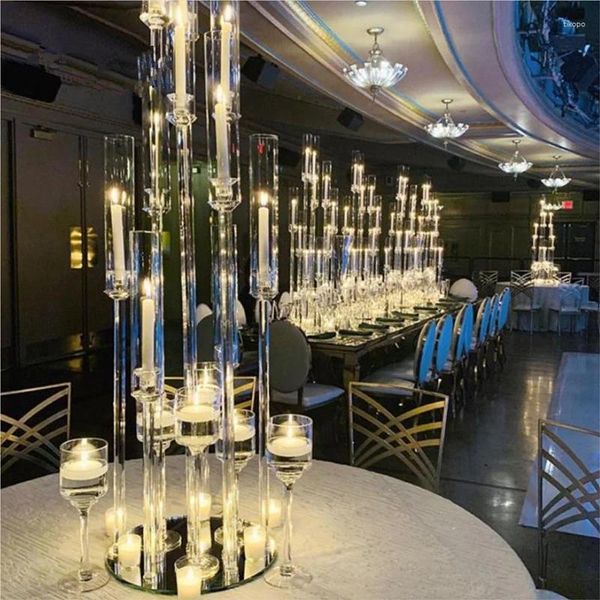 Bougeoirs de luxe à 10 bras, Base ronde, grands centres de candélabres en acrylique cristal clair pour Table de mariage AB0019