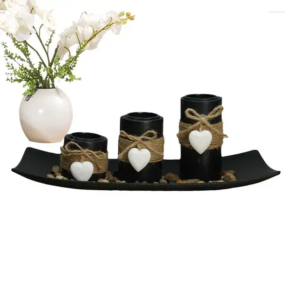 Bougeoirs noir mat, ensemble de 3 bougies chauffe-plat vintage avec décor de cœurs pour bougies romantiques
