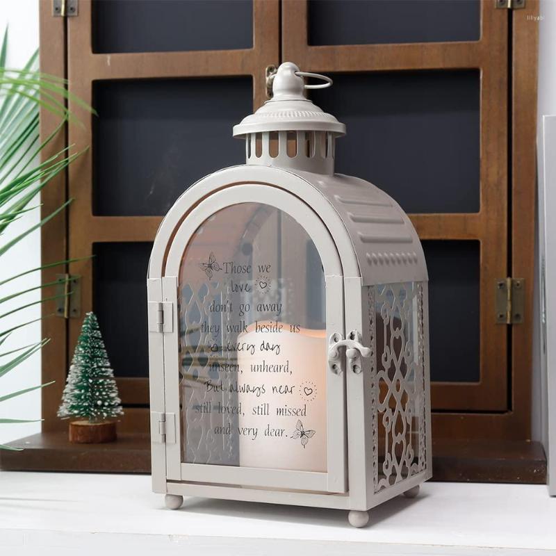 Bougeoirs support en métal lanterne décoratif suspendu gris mémorial avec minuterie automatique LED pour cadeau décor à la maison