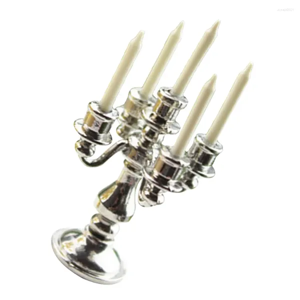 Candelabros en miniatura Candelabro de 5 brazos Modelo Escena de juego Adorno de jardín Accesorios de decoración para regalo de niños (Plata)