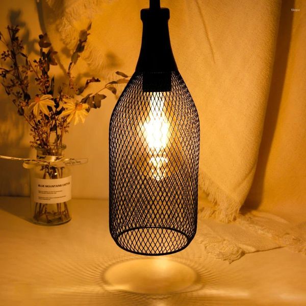Bougeoirs moderne pendentif support chambre table salle à manger lampe suspendue noir bouteille de vin fer cage LED ombre