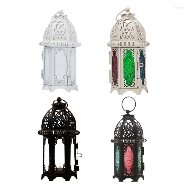 Candelabros de metal marroquí, linterna de viento de vidrio, linternas colgantes para interior y exterior, decoración de jardín