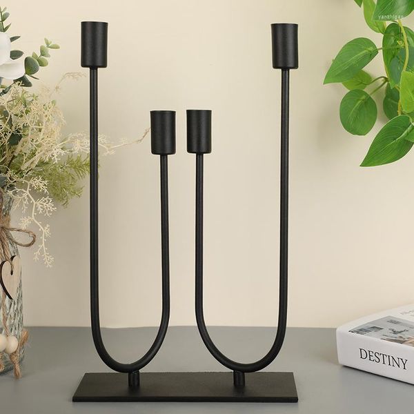 Bougeoirs Nordic Black Metal Two Arms Stand Home Light Dinner Decoration Stick Holder