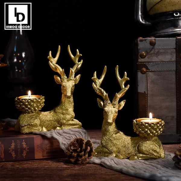 Candelabros Candelabro dorado de ciervo nórdico, un par de candelabros de alce, adornos de animales, ciervo, decoración del hogar, meditación, decoración para sala de estar, regalo YQ240116