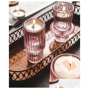 Bougeoirs Chandelier en verre rose nordique bougies européennes support de table romantique Pophor décoration de la maison 7158384 Drop Delive Homefavor Dhspb