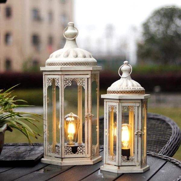 Candlers Nordic Rustic White Holder antique rétro Retro Fer Windproof Lanterns Home Decor Porta Velas Room Accessoires AH50ZT