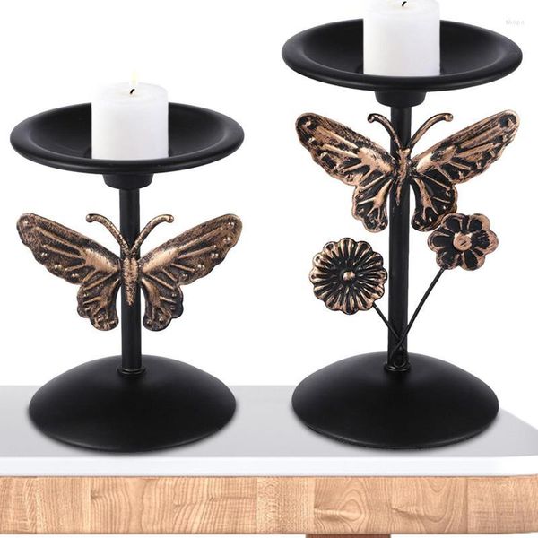 Soportes de velas Pedestal Stand Metal Juego negro de 2 Design de mariposa y flores vintage decorativa romántica