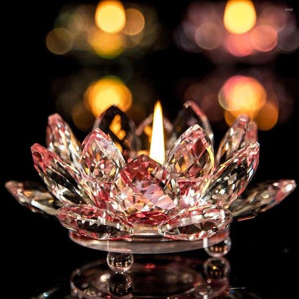 Bougeoirs Quartz cristal fleur de Lotus artisanat verre Fengshui ornements Figurines maison fête de mariage décor Souvenir 80mm