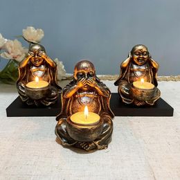 Kandelaars "Drie Don'ts" Boeddha standbeeld houder decoratie Zie het niet, luister niet, praat niet over Zen Maitreya Ambachten Home Decor