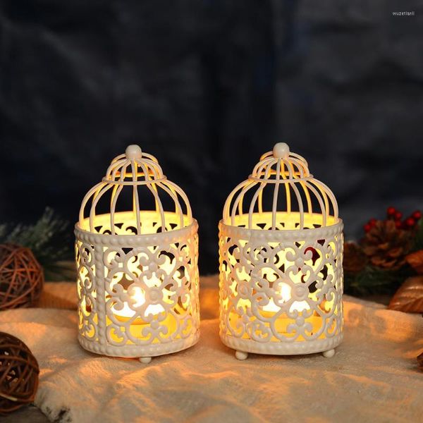 Bougeoirs petit support métallique cage à oiseaux suspendu lanterne blanc chandelier creux pour salon mariage décoration de la maison