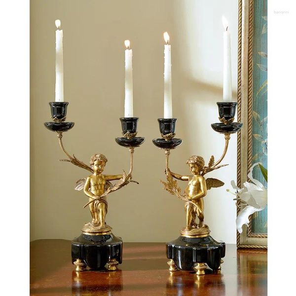 Candelabros de mesa de porcelana de gran tamaño con barra de luz de latón, par de estatuas de Ángel artesanales, soporte negro para decoración moderna