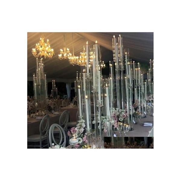 Portavelas Candelabro alto Titular Acrílico Cristal 8/10/12 Cabezas Mesa de boda Centros de mesa Yudao90 Entrega de la gota Hogar Jardín Dhzky