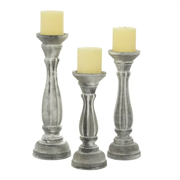 Soportes de velas Soporte de madera tallada gris tradicional con acabado encalado Conjunto de 3 15 
