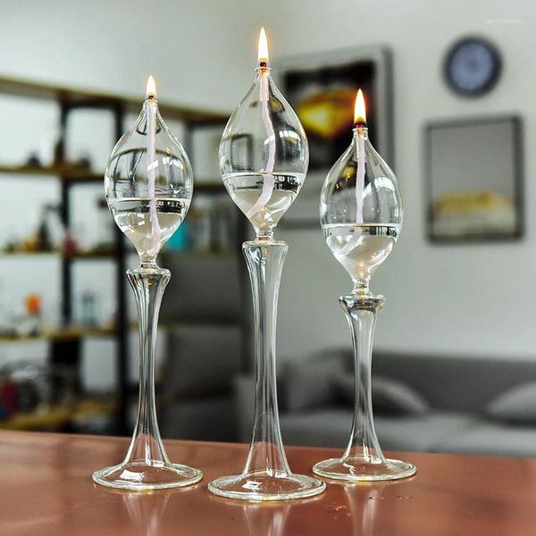 Candelabros transparentes de cristal de pie alto, lámpara de aceite, candelabro, decoración europea, adorno artesanal para cena