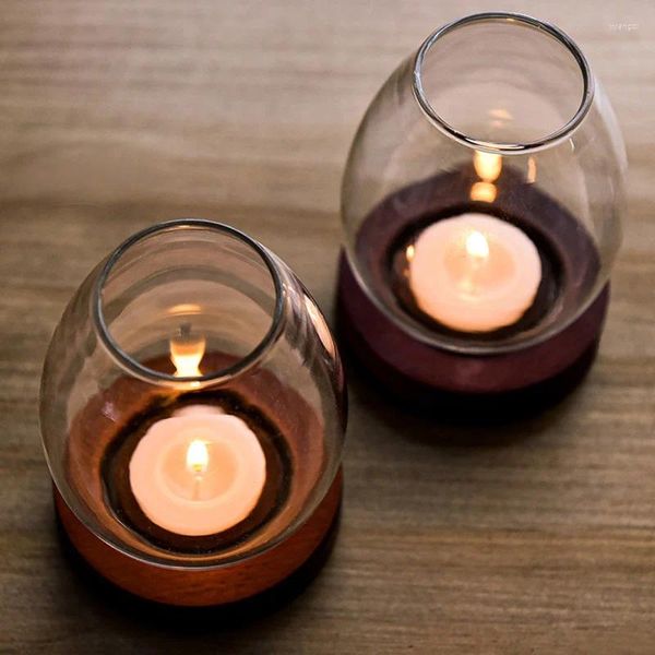 Candelabros transparente redondo lámpara de aceite forma titular con base de madera retro romántico a prueba de viento de vidrio cena de boda decoración de la mesa