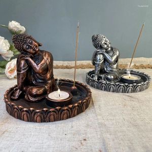 Kandelhouders Vintage Sleep Boeddha Statue Ornament met wierookbrander en groenachtige houder mediterende sculptuur Home Yoga Room Decor