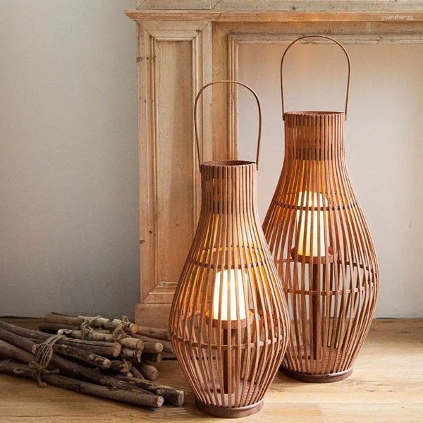 Bougeoirs Vintage en bois, chandelier en bambou naturel, lanterne pour salle de jardin, salle nordique, accessoires de décoration pour la maison, Cage