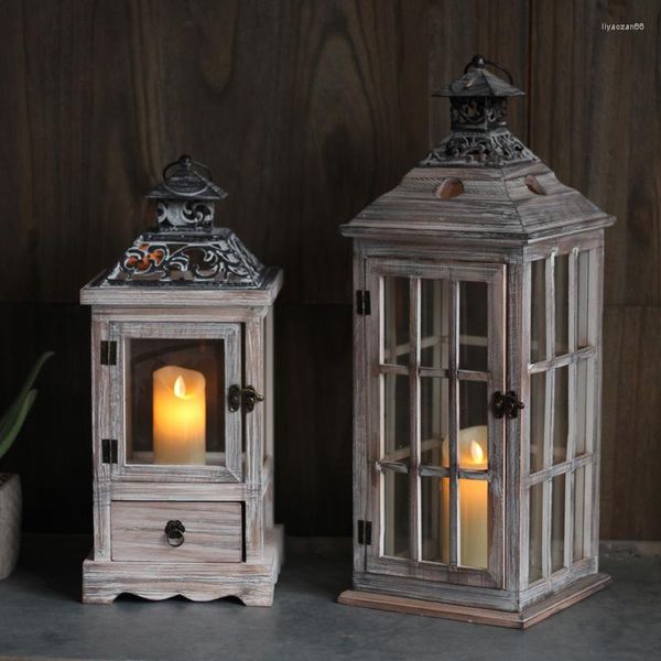 Bougeoirs Vintage en bois verre lampe à vent fer art plancher chandelier style européen ornement décoratif lanterne de cheval endommagé