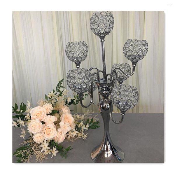 Candelabros, accesorios de boda, fábrica, venta al por mayor, bolas de cristal altas de alta calidad, soporte central de 7 cabezas plateado AB1194