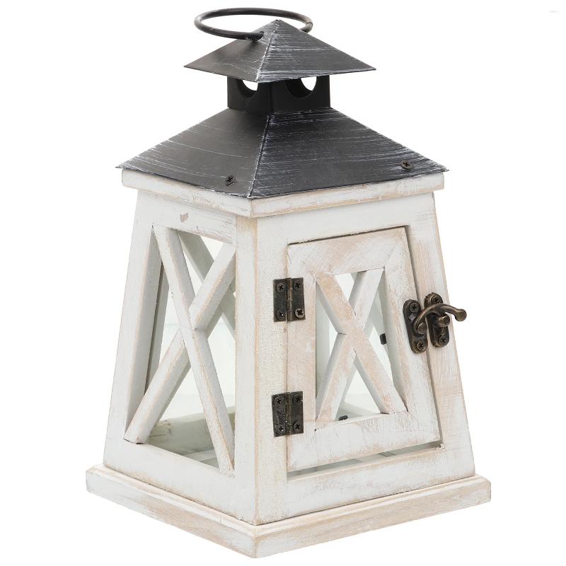 Titulares de vela Lanterna de madeira Lanternas penduradas Mesa de casamento Candlestick Farmhouse Rustic Tealight Vintage Wind Desktop