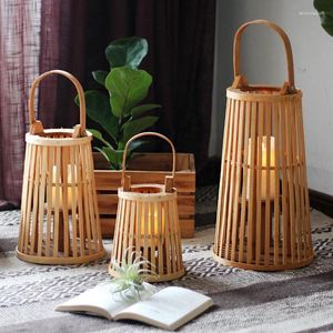 Kandelaars geweven minimalistische houder draagbare lantaarn bamboe buit ornamenten tabel Chinese Japanse portavela's huisdecor ED50ZT