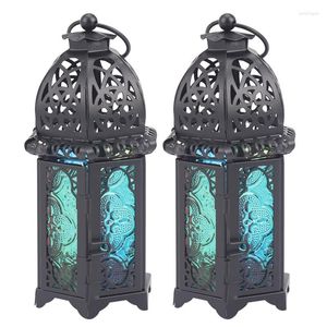 Bougeoirs YO-2X Classique Décor Marocain Coupe-Vent Votive Fer Verre Suspendu Chandelier Lanterne Noir