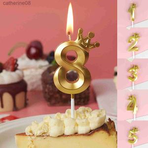 Bougies 0-9 Numéro décorations de gâteaux romantiques Gold Crown Numéro de bougies pour le gâteau de joyeux anniversaire Décoration reine Baby Shower D240429