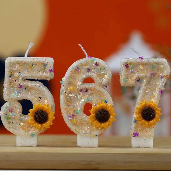 Velas de 0 a 9 números, velas de cumpleaños de girasol amarillo, decoración con purpurina de mariposa, decoración para magdalenas, suministros para hornear de princesa dulce, moda