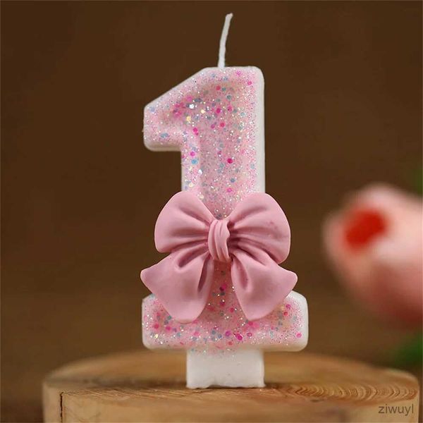 Velas 1 Uds. Velas de cumpleaños para niños con lazo rosa, velas de cumpleaños moradas con números 0-9 para niñas, decoración para tarta de 1 año