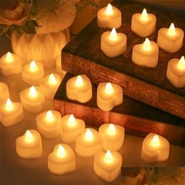 Velas 24 velas LED pequeñas sin llama para el hogar Fiesta de Navidad Decoración de bodas Luz de té electrónica en forma de corazón Batería-Power Dro Dhior