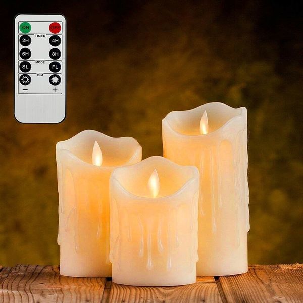 Bougies 3 pièces bougie LED pilier sans flamme vacillante avec veilleuse à distance LED lumière de cire bougie de pâques décoration de mariage éclairage 230906