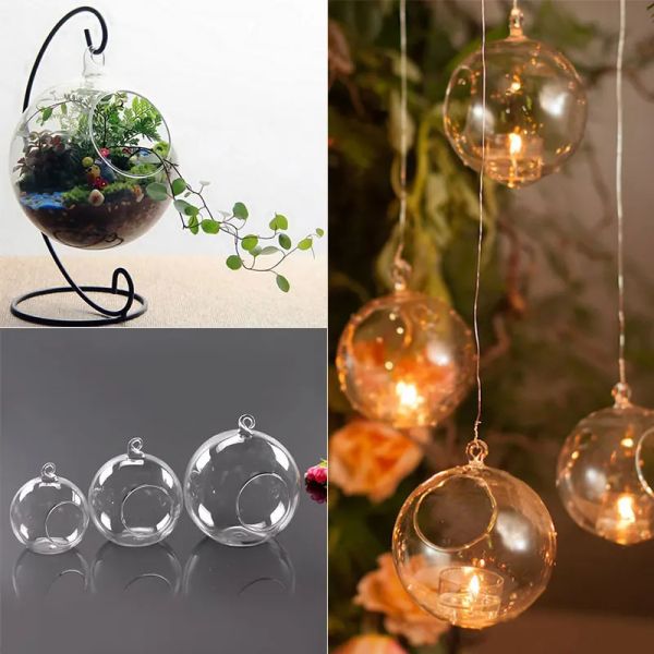 Bougies 6/8 / 10 / 12cm Mini Creative Clear Glass Round Hanging Candle Tea Light Solder Candlestick Home for Wedding Party Tree Decoration