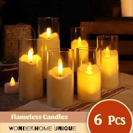 Kaarsen 6pcs led flameless elektrische kaarsen lamp acryl glazen batterij flikkeren nep teen kaarsen bulk voor bruiloft kerstd 240429