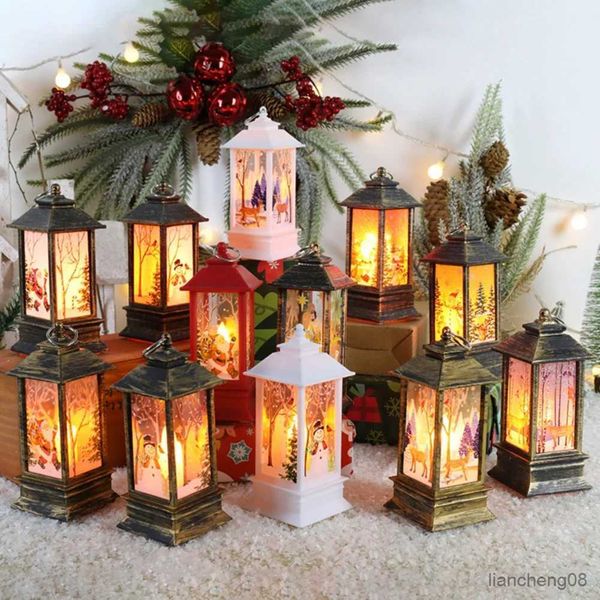 Bougies Bougies de noël lumière Led cerf de neige lanterne lumière Vintage château Santa bonhomme de neige suspendu lanterne lampe nouvel an décoration de fête R231113