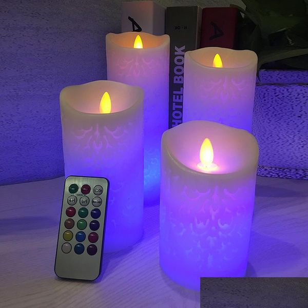 Velas Bailando Llama LED Vela con RGB Control remoto Pilar de cera para decoración Vela de Navidad / Habitación Luz de noche Gota de Dhwiu