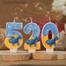 Candles Dinosaur Birthday Candle 1 jaar Glitter blauw geel nummer kaarsen Happy Birthday Candle Animal Theme Party Decoratie D240429
